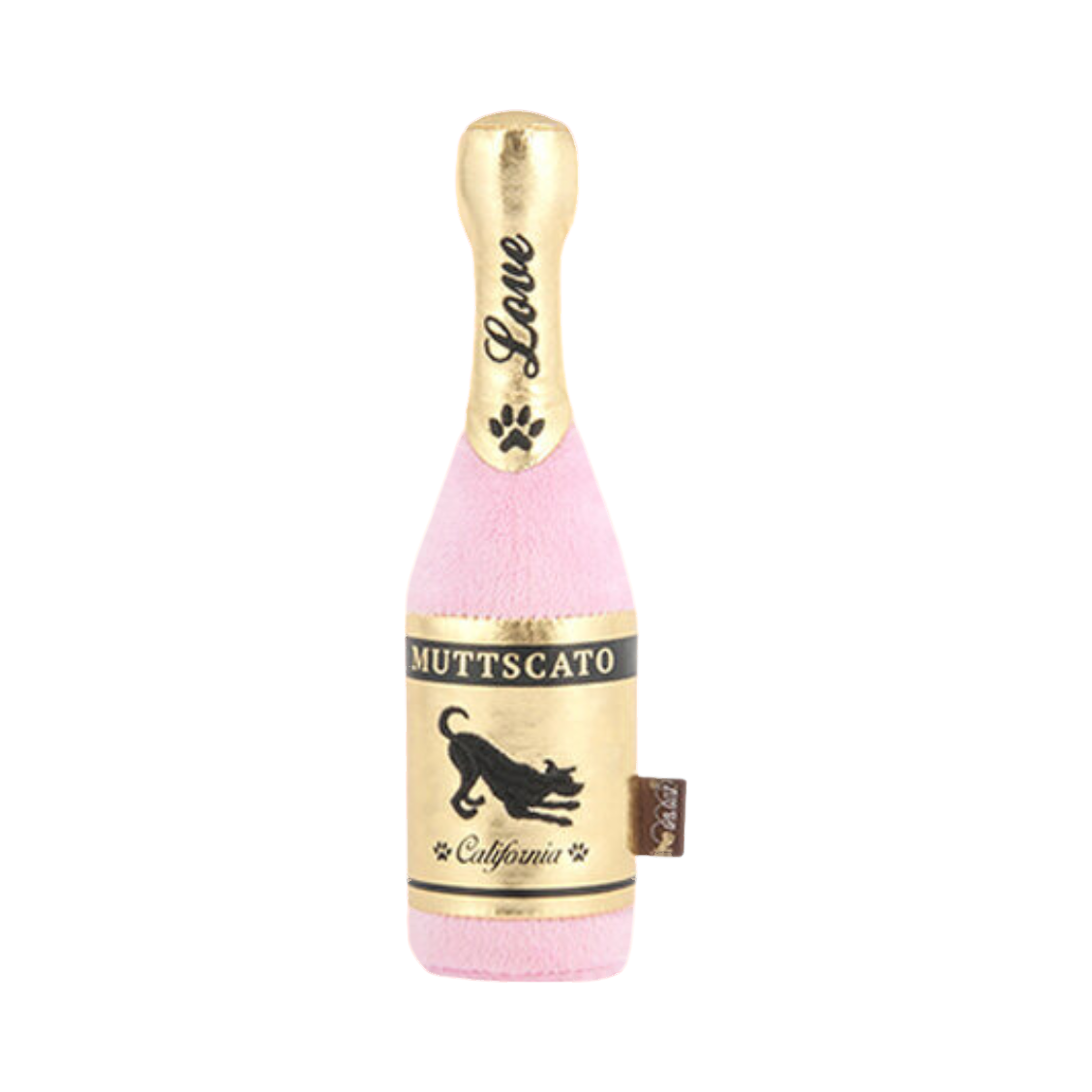 Bouteille rose pâle au col doré, étiquette Muttscato avec chien