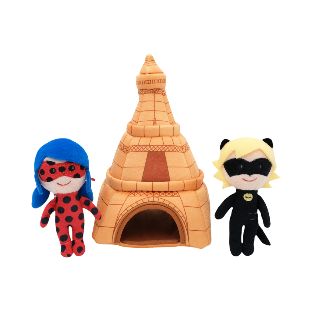 Ladybug et Chat Noir de part et d'autre de la tour