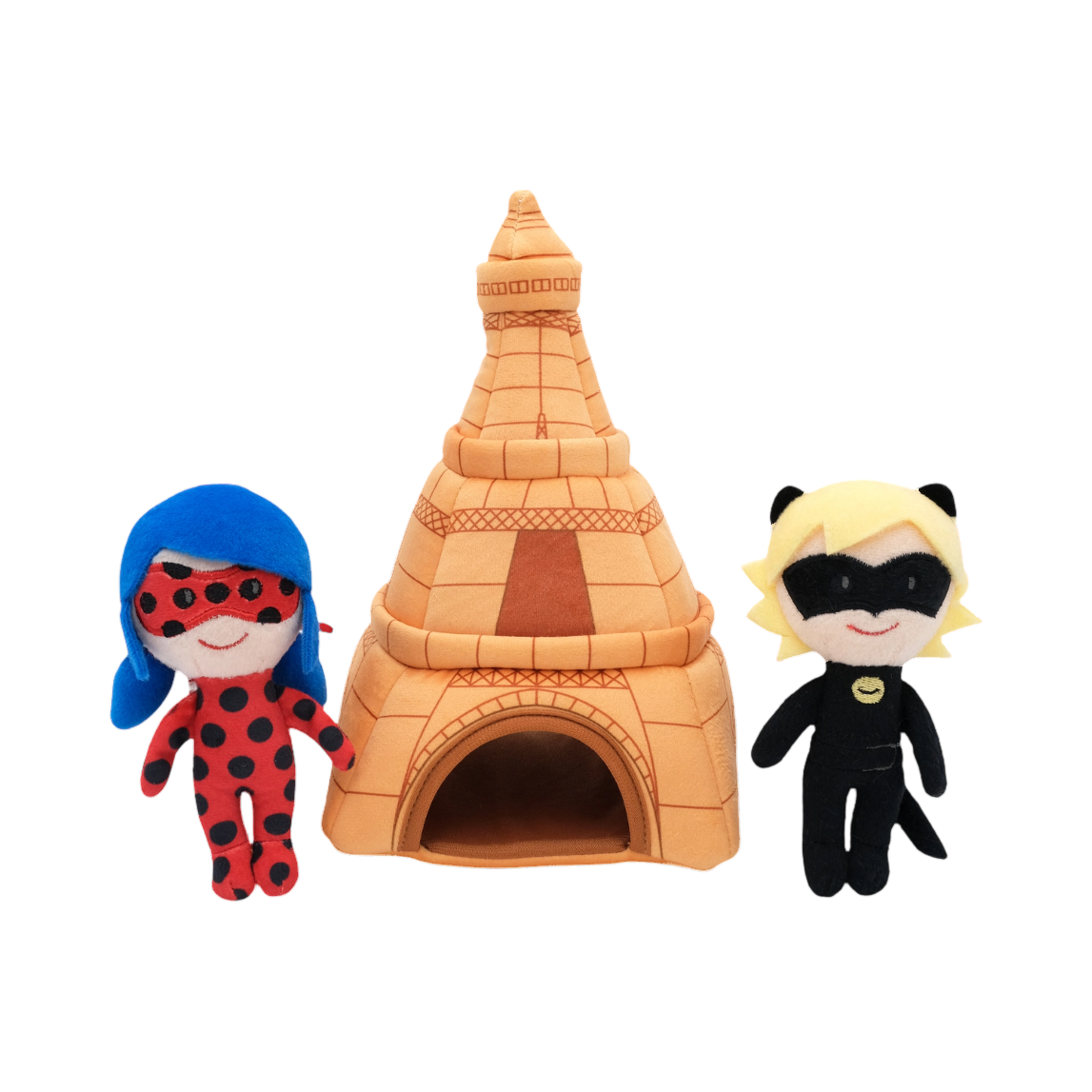 Ladybug et Chat Noir de part et d'autre de la tour