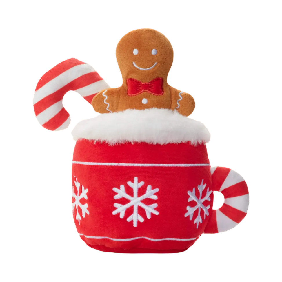 Tasse rouge à flocons avec bonhomme en pain d'épices et sucre d'orge