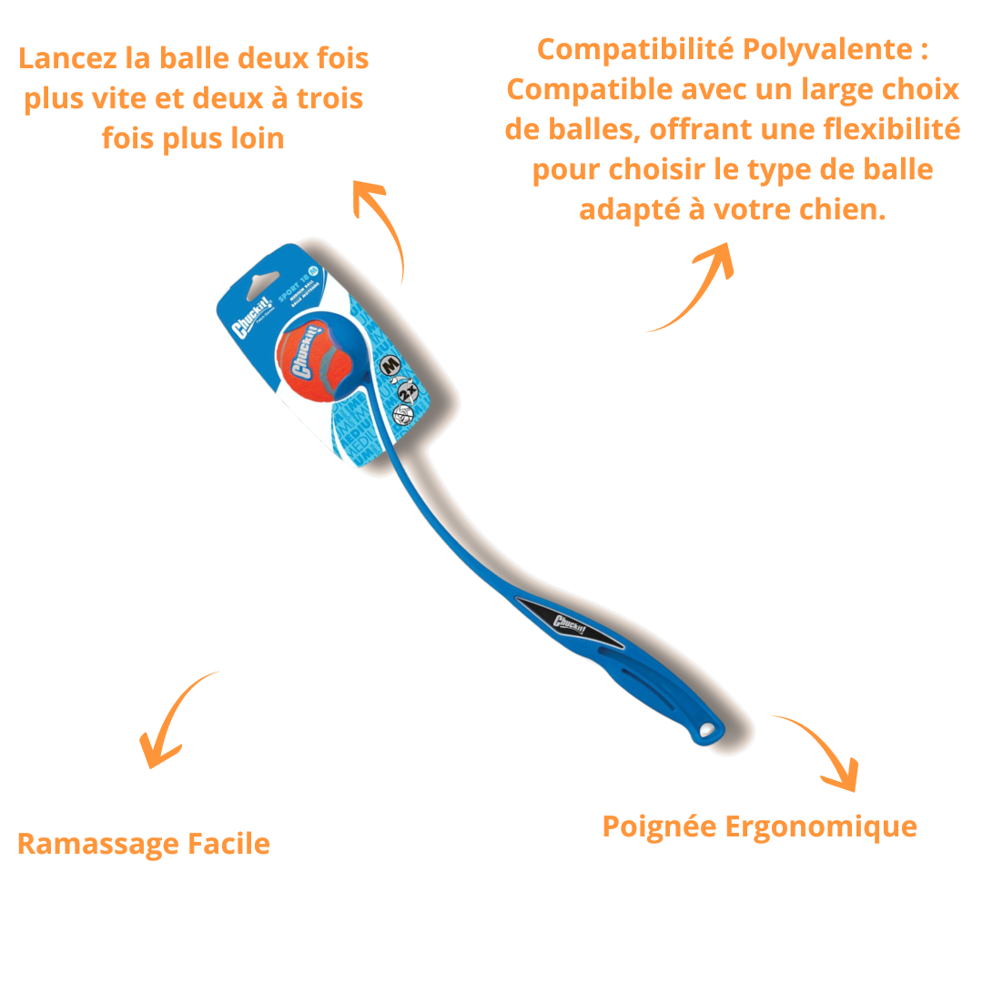 Lanceur bleu présenté avec ses atouts : ramassage facile, poignée ergonomique