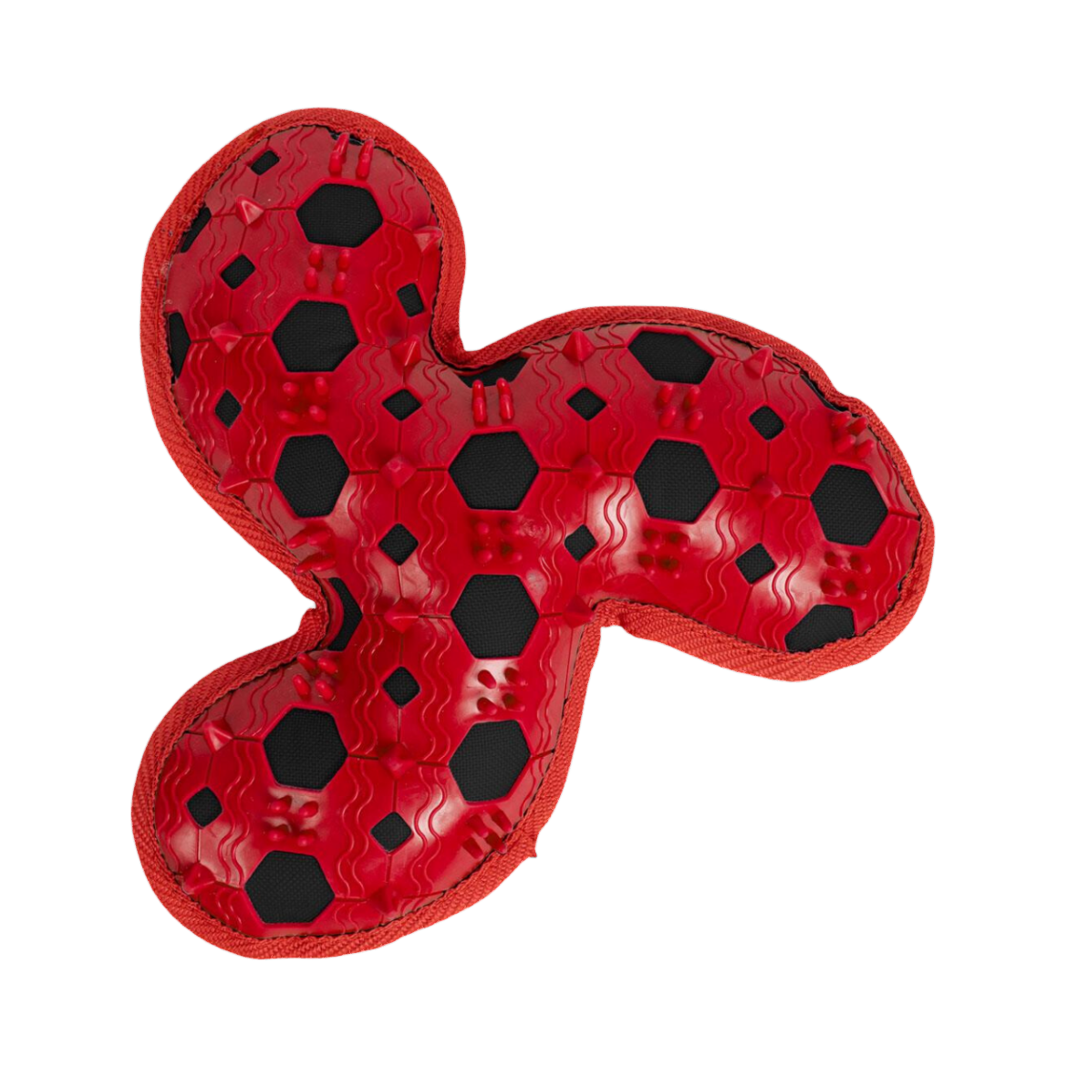 Dos rouge à picots et alvéoles noires du jouet trilobé