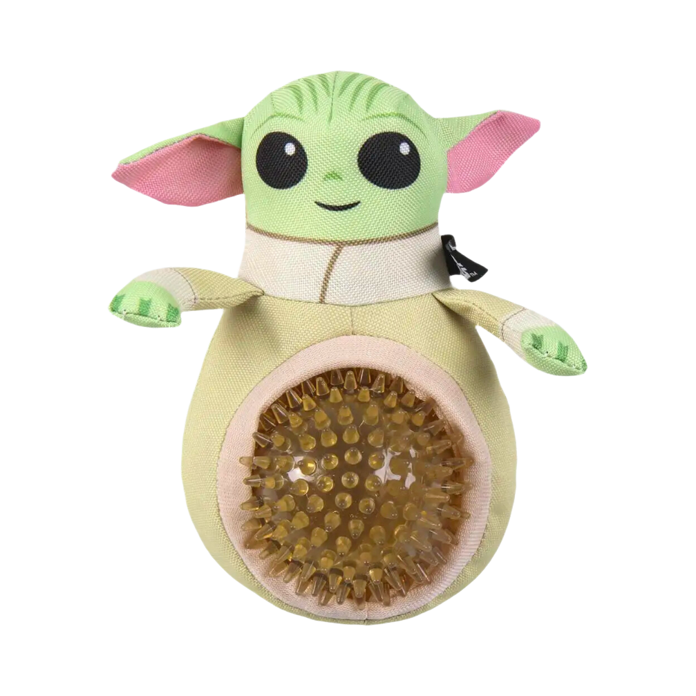 Peluche verte aux grandes oreilles avec balle à picots dans le ventre