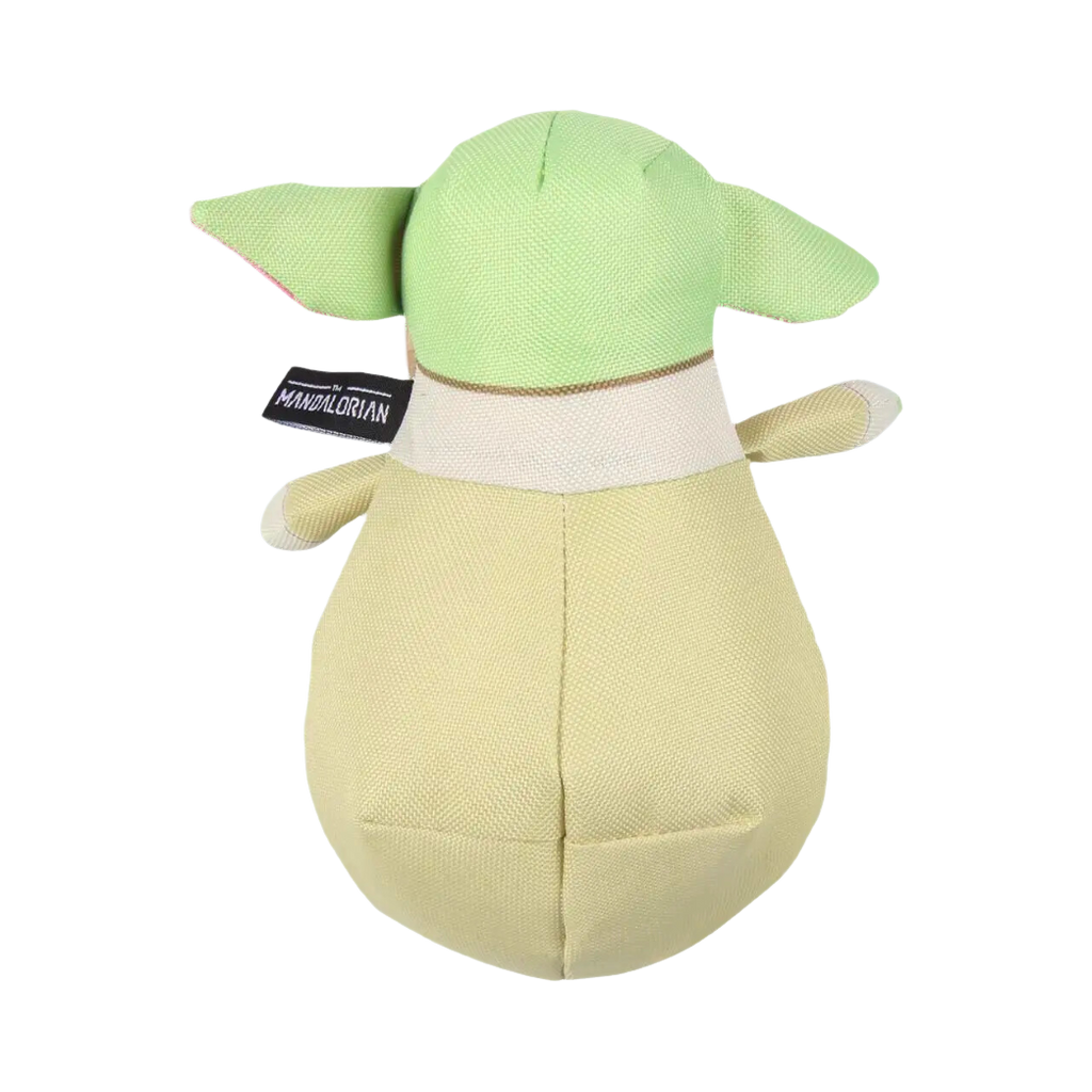 Dos de la peluche verte et beige avec étiquette