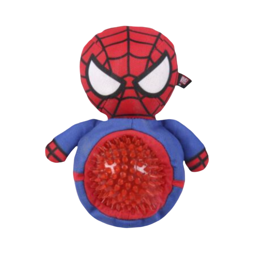Peluche rouge et bleue du super-héros avec balle rouge à picots