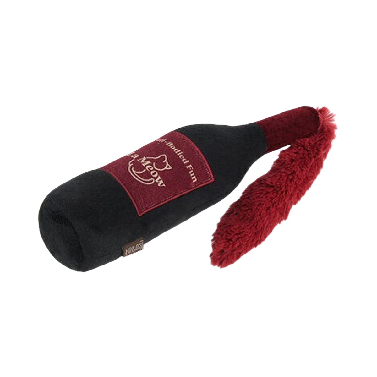 Bouteille noire couchée, goulot prolongé d'une frange rouge