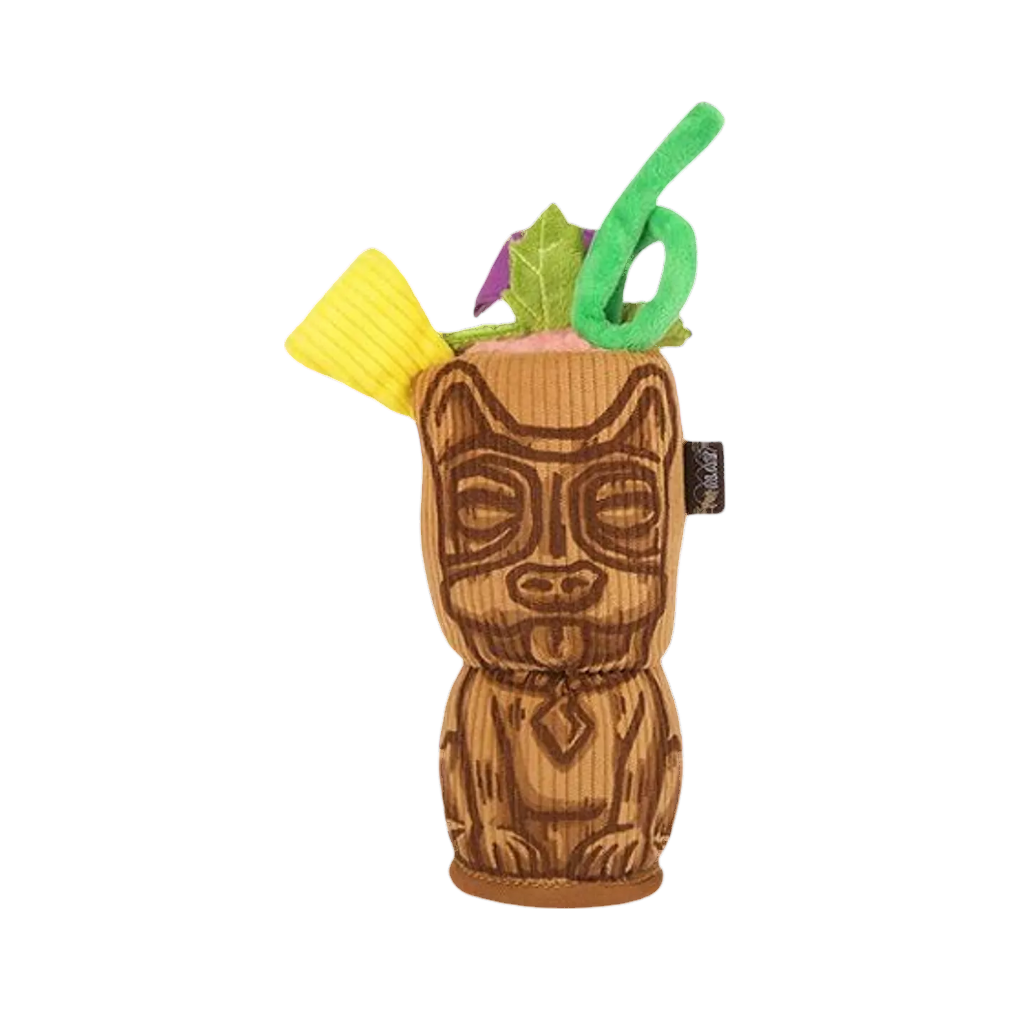 Verre tiki marron sculpté, paille verte et ananas jaune