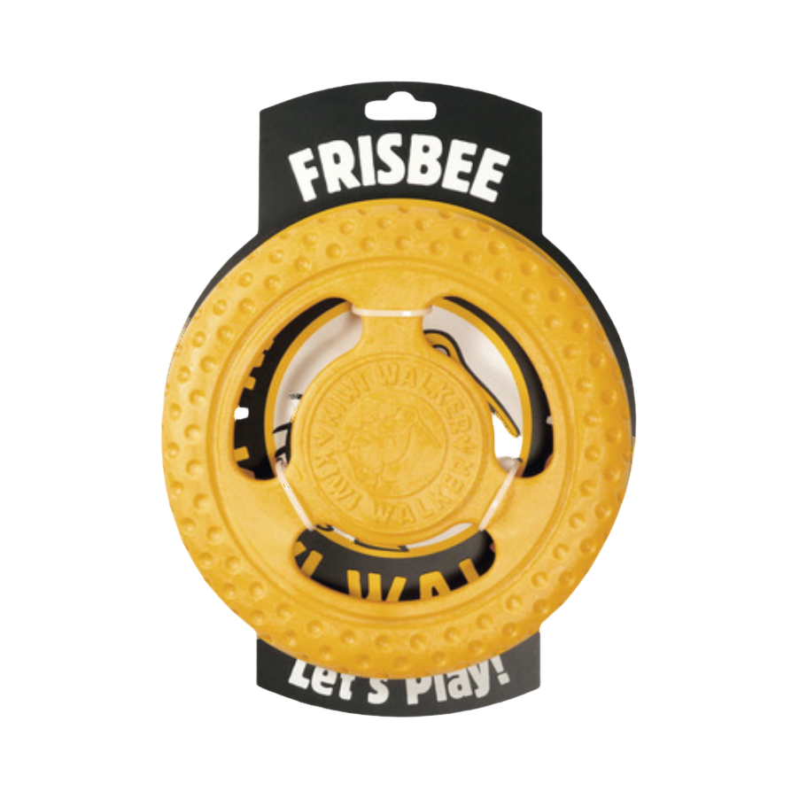 Disque jaune orangé en caoutchouc sur carte noire FRISBEE