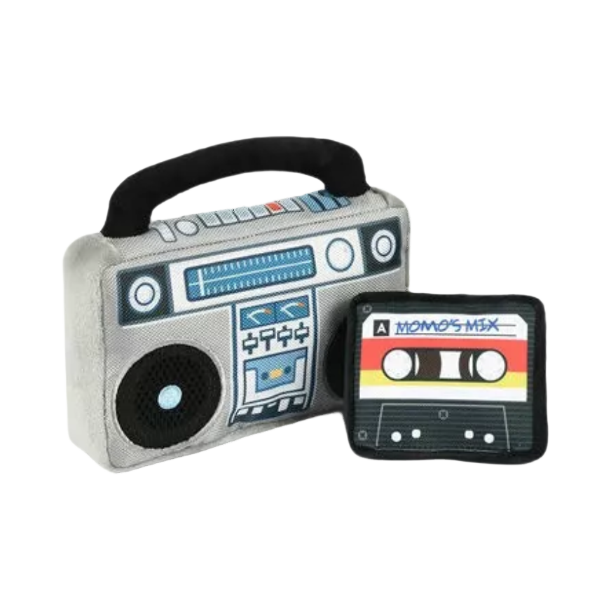 Radio-cassette grise et noire avec sa cassette assortie