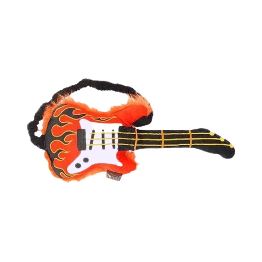 Guitare orange à flammes et manche noir frangé