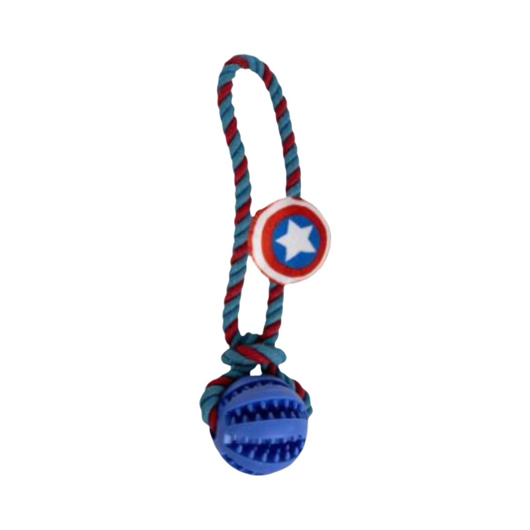 Corde tressée rouge et bleue avec bouclier étoilé et balle bleue