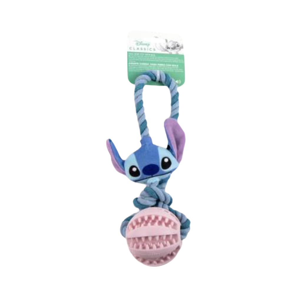 Stitch en peluche sur corde bleue avec balle rose, sous étiquette