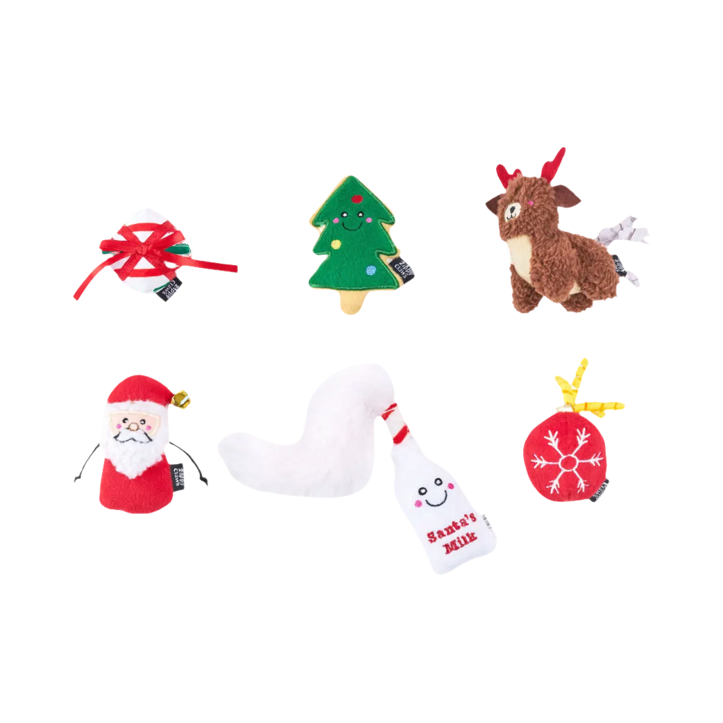 Six mini jouets festifs : sapin, renne, Père Noël, boule et canne