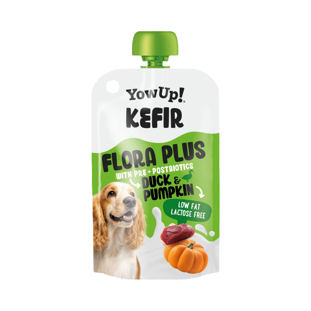 Gourde souple blanche et verte de kéfir YowUp, chien illustré
