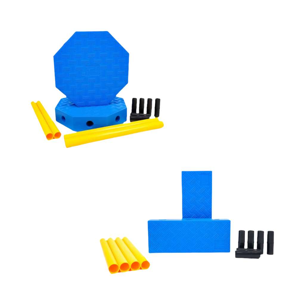 Octogone et rectangle bleus avec tubes et connecteurs