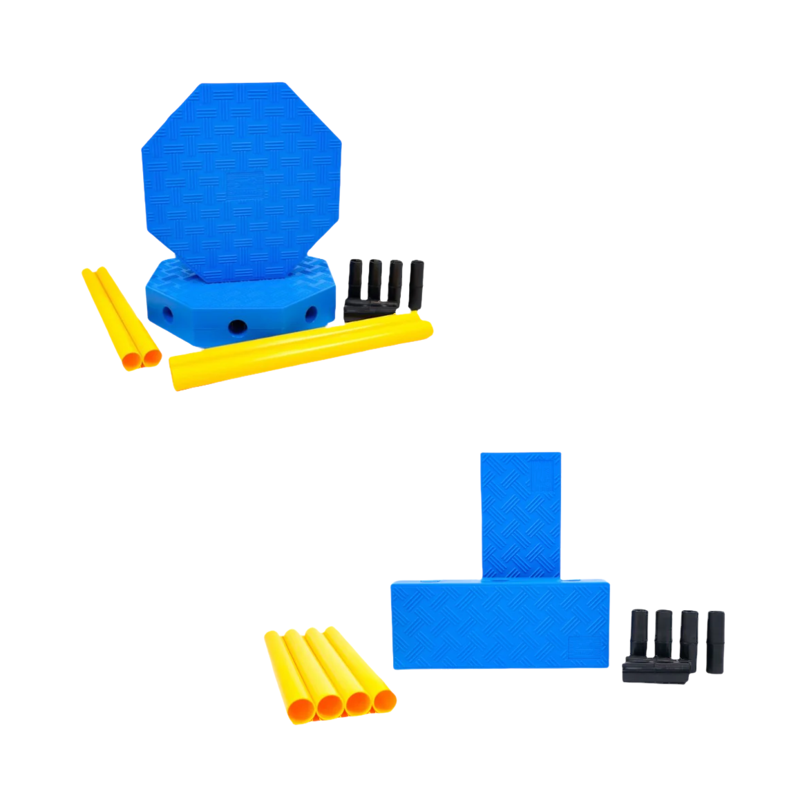 Octogone et rectangle bleus avec tubes et connecteurs
