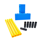 Rectangle bleu, tubes jaunes et connecteurs noirs