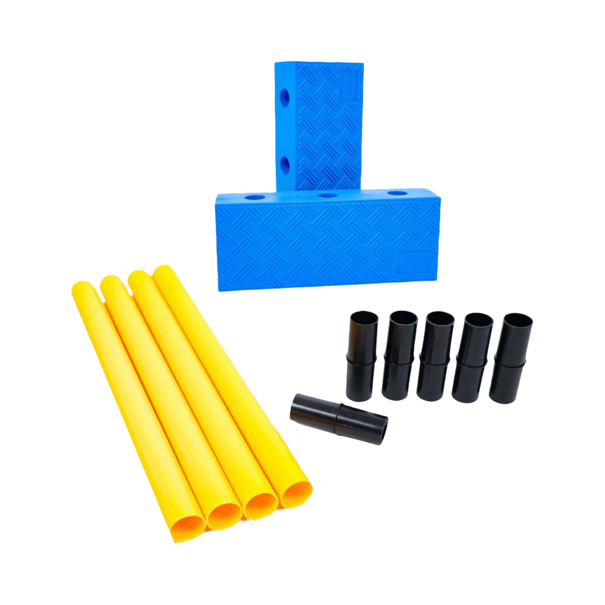 Rectangle bleu, tubes jaunes et connecteurs noirs