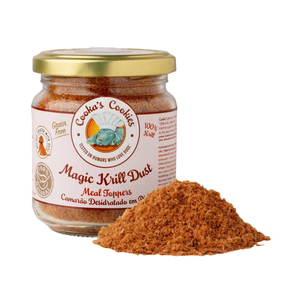 Bocal Magic Krill Dust et tas de poudre rouge orangé