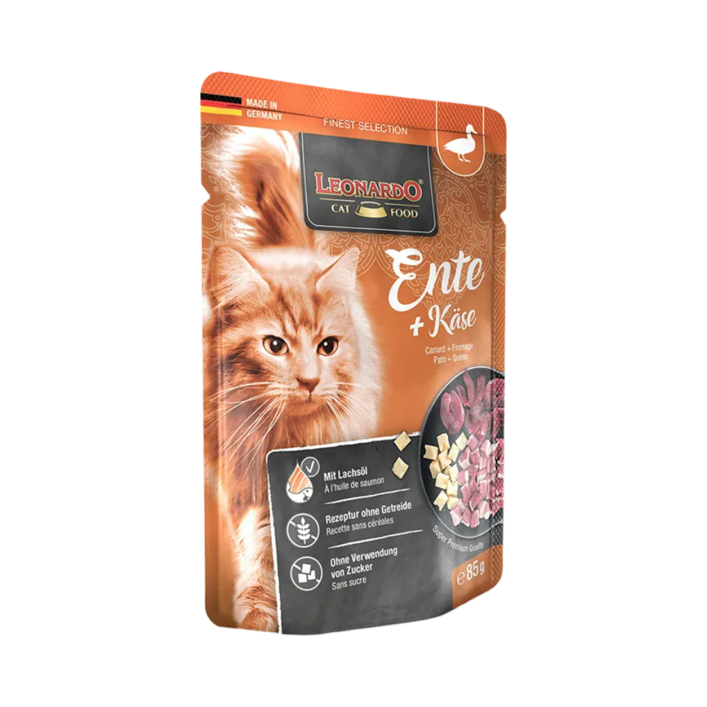 Sachet orange Leonardo Ente + Käse illustré d'un chat roux