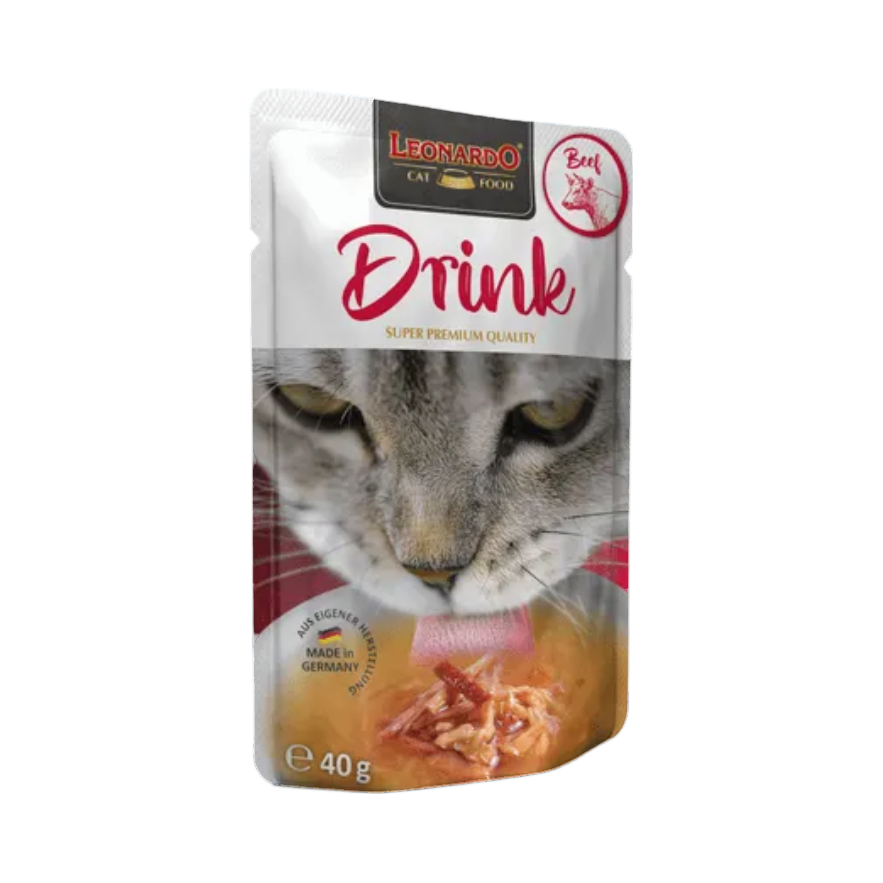 Sachet rouge Leonardo Drink avec chat qui lèche