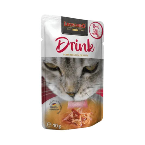 Sachet rouge Leonardo Drink avec chat qui lèche