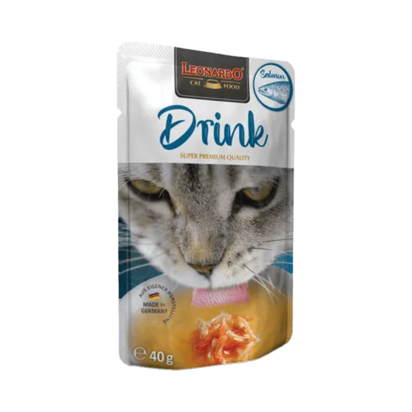 Sachet bleu Leonardo Drink avec chat qui lèche