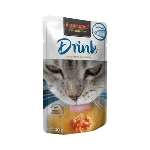 Sachet bleu Leonardo Drink avec chat qui lèche