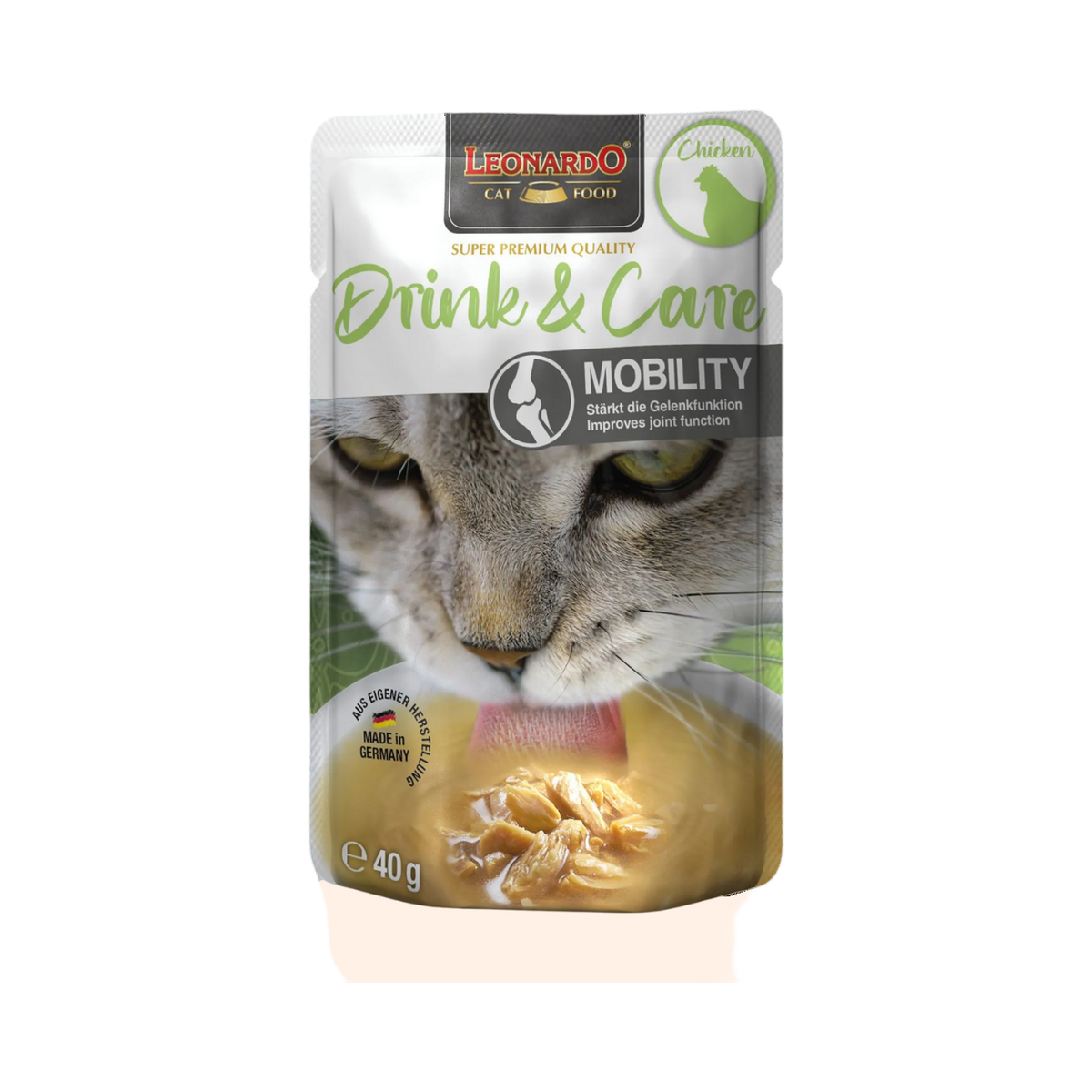 Sachet vert Leonardo Drink & Care Mobility avec chat