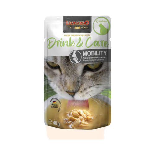 Sachet vert Leonardo Drink & Care Mobility avec chat