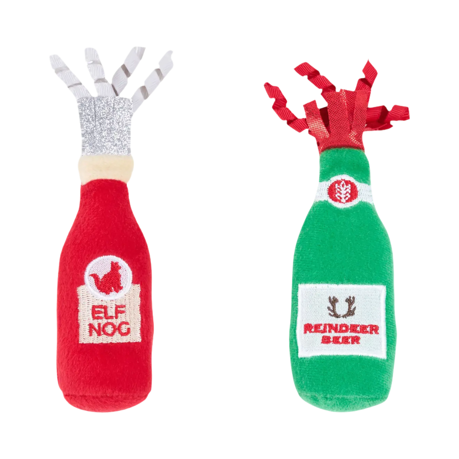 Deux bouteilles en peluche rouge Elf Nog et verte Reindeer Beer
