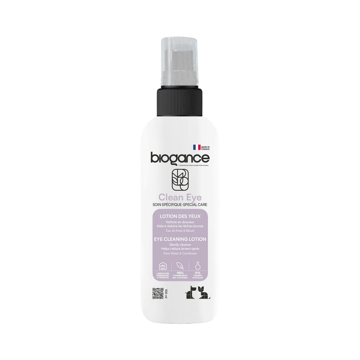 Lotion des yeux Clean Eye Biogance – flacon spray blanc 100 ml à étiquette lilas