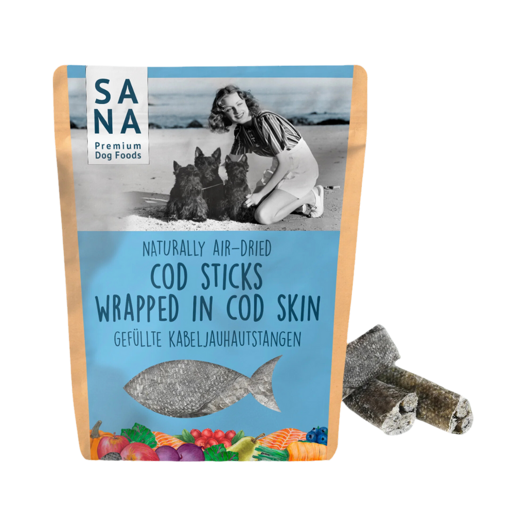 Sachet SANA Dog Cod Sticks avec deux bâtonnets de morue enveloppés de peau
