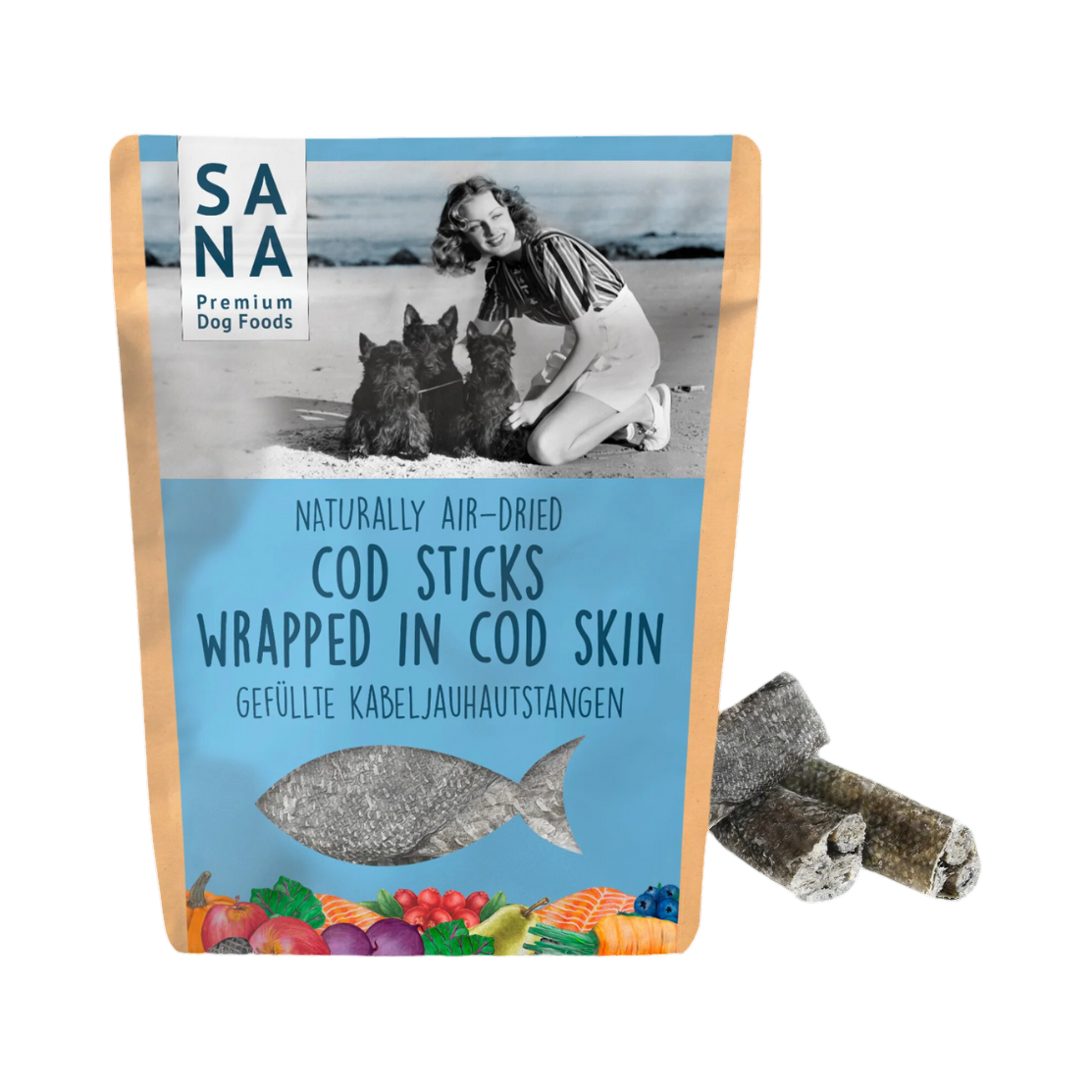 Sachet SANA Dog Cod Sticks avec deux bâtonnets de morue enveloppés de peau