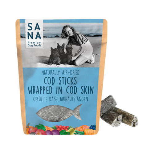 Sachet SANA Dog Cod Sticks avec deux bâtonnets de morue enveloppés de peau