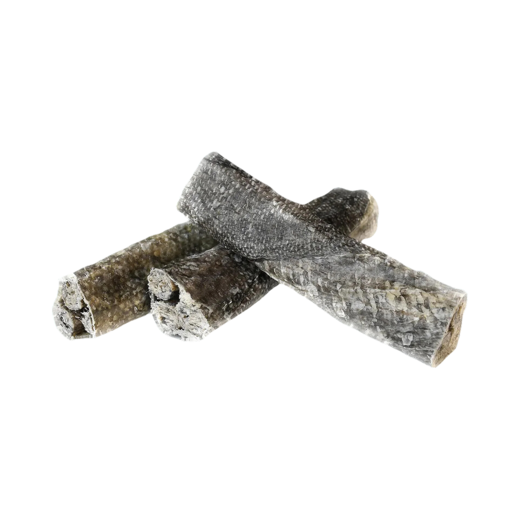 Bâtonnets de morue enveloppés dans leur peau séchée, vus de près