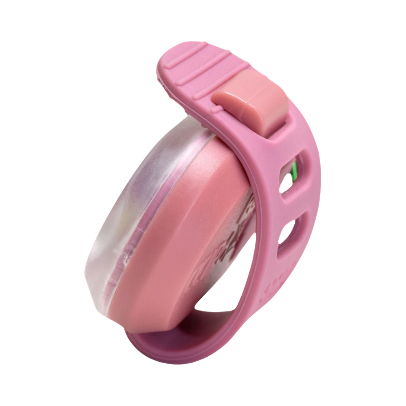 Lampe rose vue de profil, bracelet courbé
