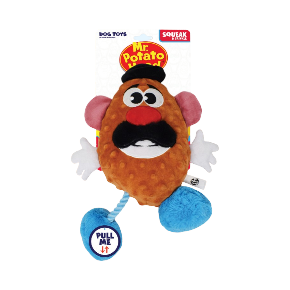 Patate orange sur carton, pieds bleus reliés par un cordon