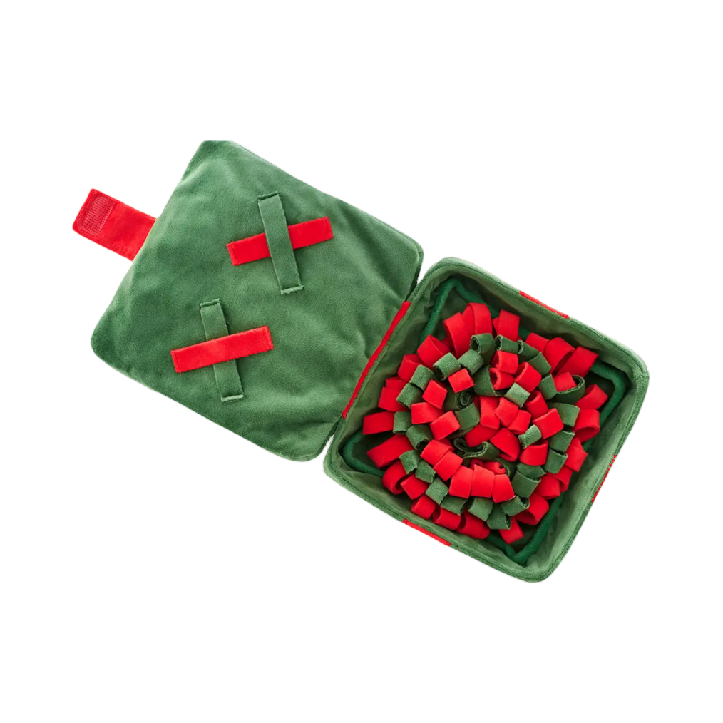 Tapis vert ouvert aux franges rouges et vertes façon pompons