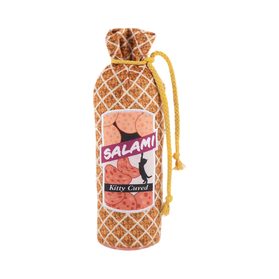 Saucisson debout à étiquette rose ornée d'un chat noir