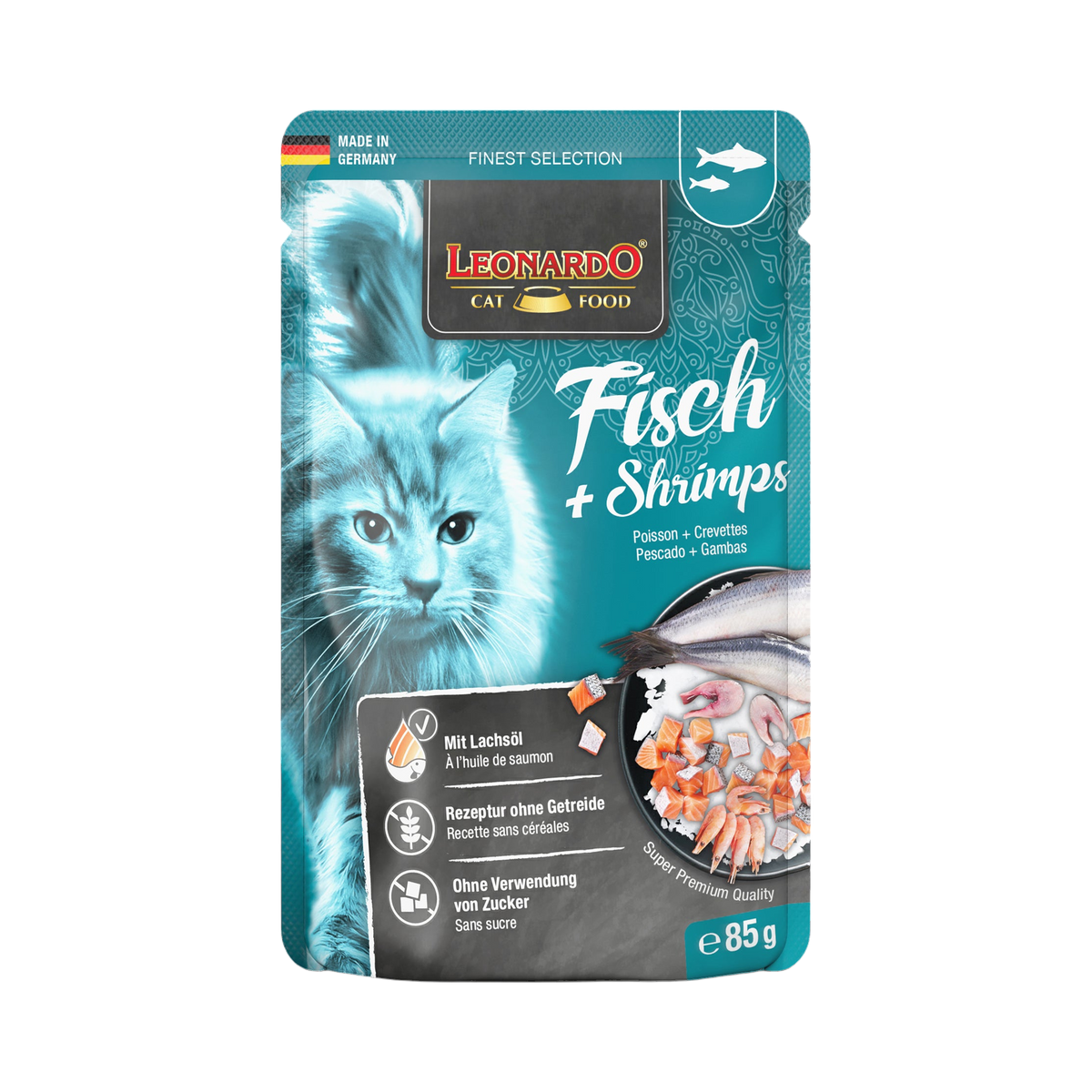 Sachet Leonardo Fisch + Shrimps bleu avec un chat
