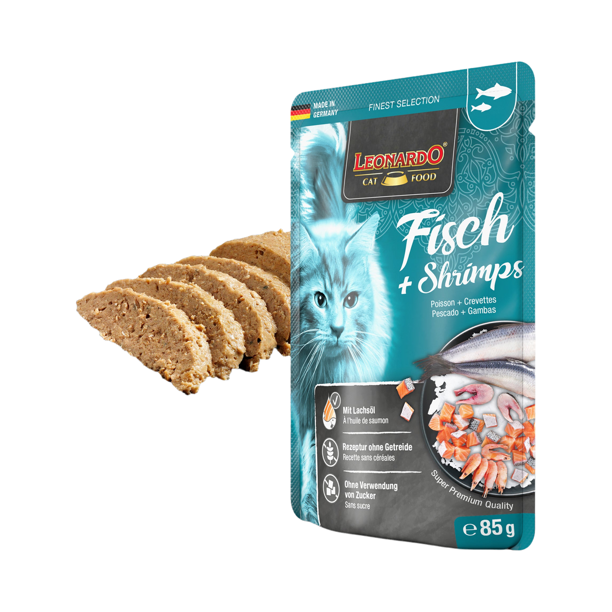 Sachet Leonardo à côté d'une assiette de pâtée en tranches