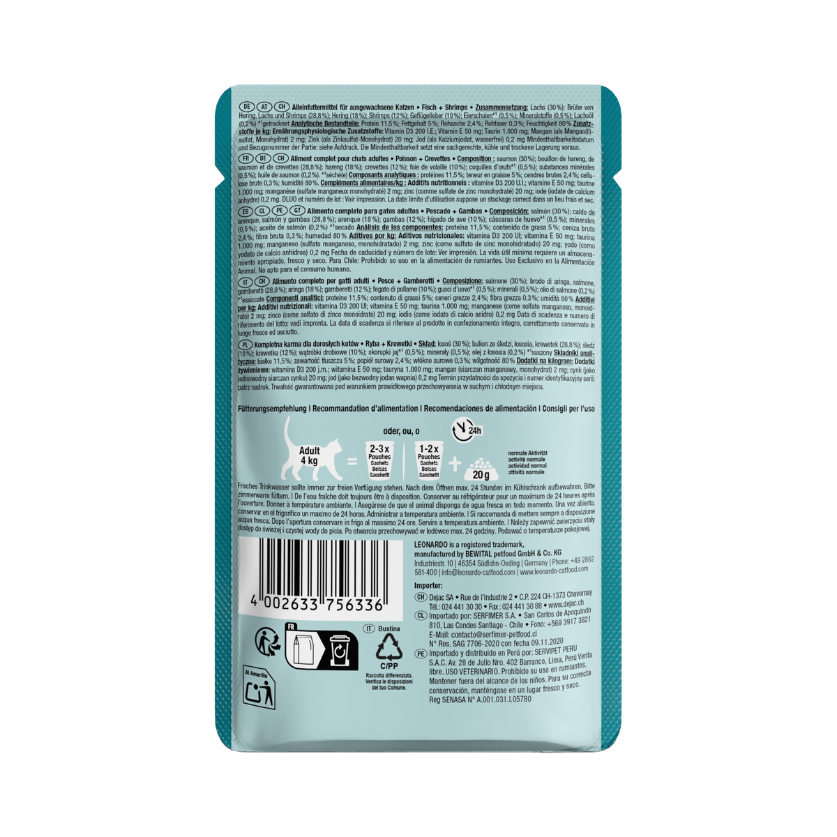 Dos du sachet Leonardo avec composition et code-barres
