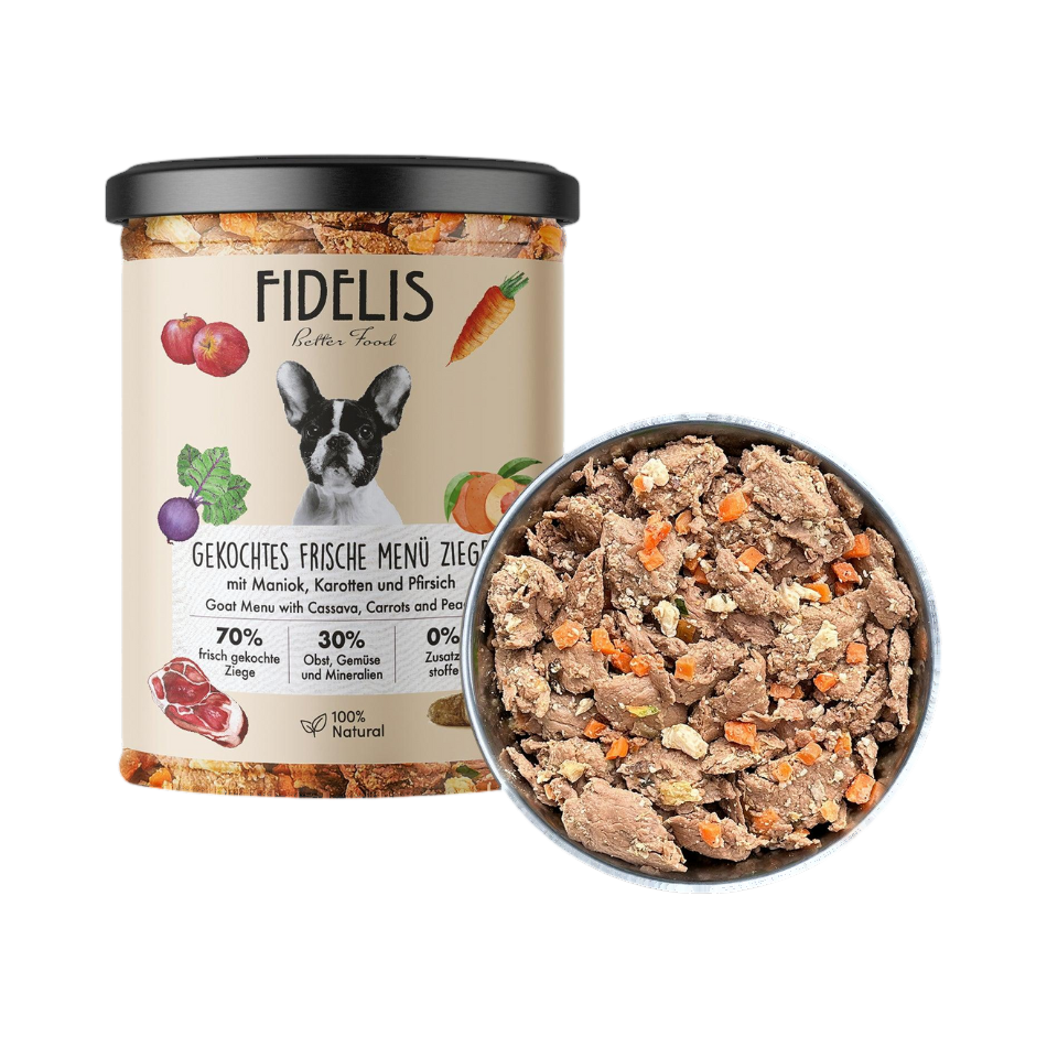 Bocal Fidelis étiquette blanche à côté d'une gamelle garnie