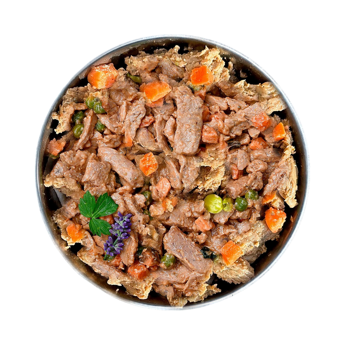 Gamelle vue de dessus remplie de viande et carottes