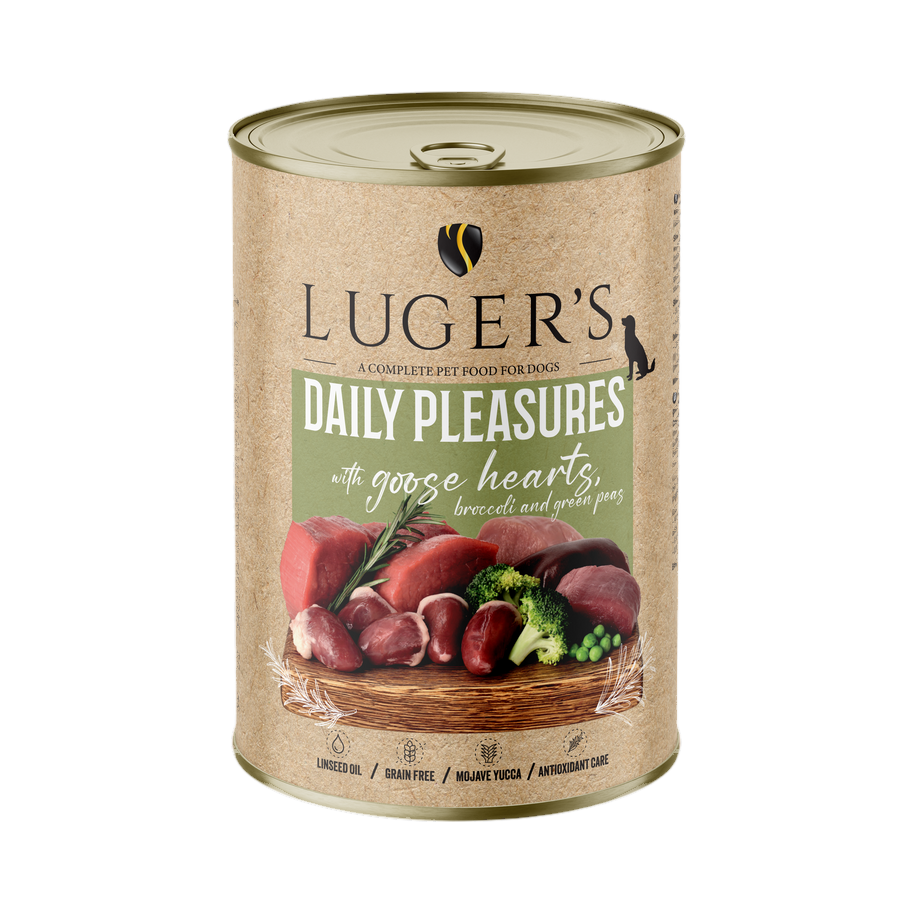 Pâtée Luger's Daily Pleasures cœurs d'oie, brocoli et petits pois – boîte 400 g
