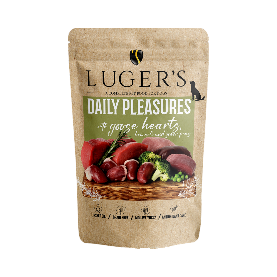 Pâtée Luger's Daily Pleasures cœurs d'oie, brocoli et petits pois – sachet 500 g