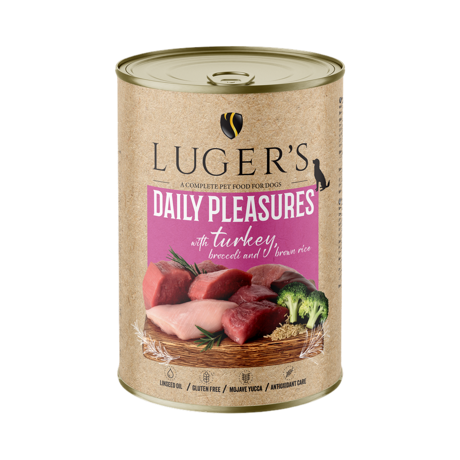 Pâtée Luger's Daily Pleasures dinde, brocoli et riz brun – boîte 400 g