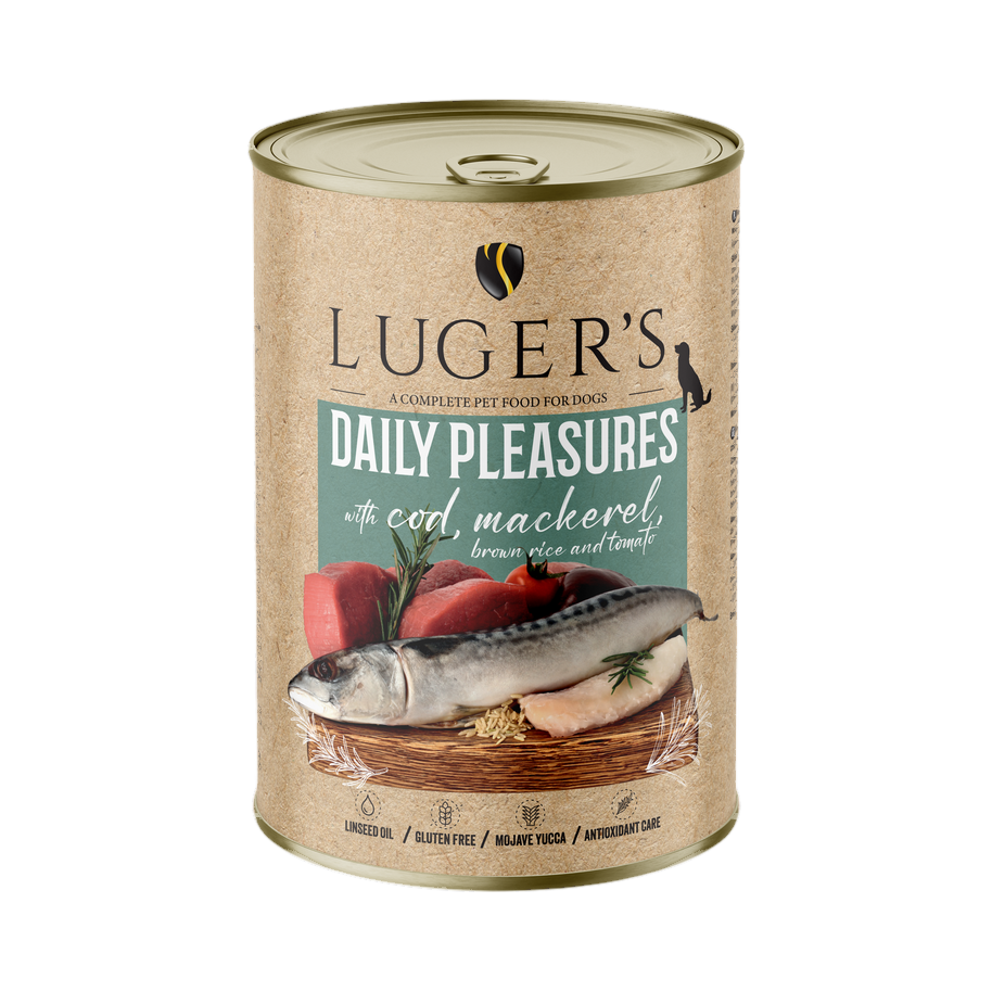 Pâtée Luger's Daily Pleasures morue, maquereau, riz brun et tomate – boîte 400 g