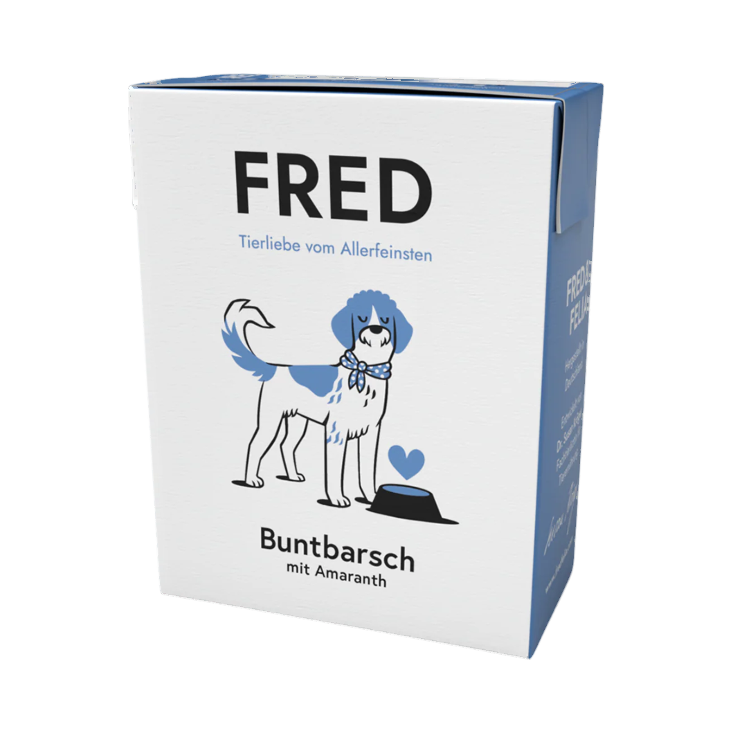 Brique blanche et bleue FRED Buntbarsch illustrée d'un chien